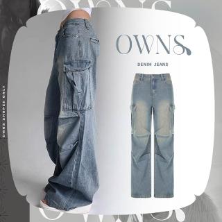 【旺斯女孩】低腰雙袋工裝褲女生牛仔工裝褲洗舊牛仔褲藍色工裝長褲歐美風格(低腰雙袋工裝褲)