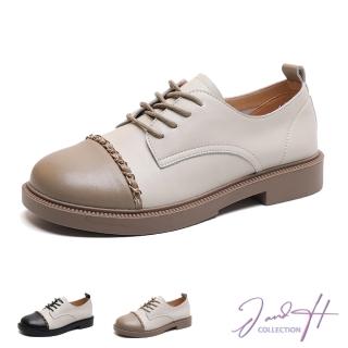 【J&H collection】法式拼接撞色淑女風格粗跟福樂鞋(黑色／卡其色)