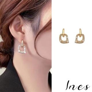 【INES】韓國設計S925銀針金色復古美鑽珍珠鑲嵌方型耳環(S925銀針 美鑽耳環 方型耳環)