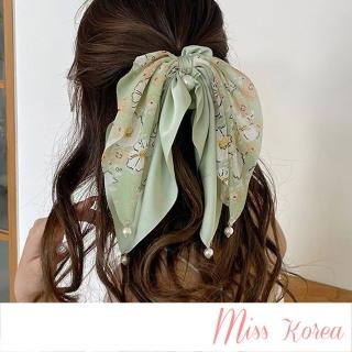【MISS KOREA】碎花髮圈 珍珠髮圈/韓國設計浪漫田園碎花珍珠飄帶大腸圈 髮繩 髮圈(4色任選)