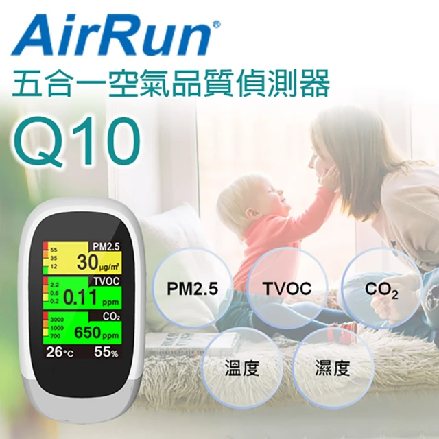 【AirRun】空氣品質偵測器 型號Q10(全彩廣角大螢幕、五合一空氣品質偵測器)
