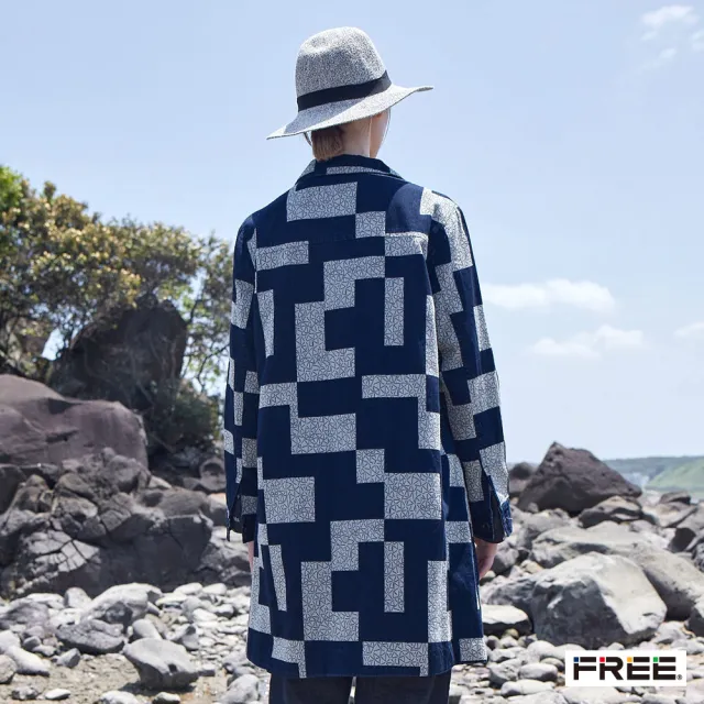 【FREE】INDIGO幾何格緹花長版口袋外套(暗藍)
