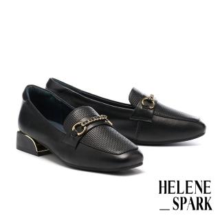 【HELENE SPARK】別致鍊條長釦全真皮樂福低跟鞋(黑)