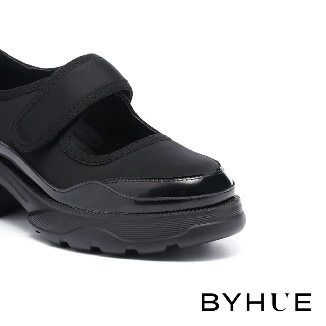 【BYHUE】質感系材質拼接魔鬼氈瑪莉珍圓頭軟芯厚底鞋(黑)