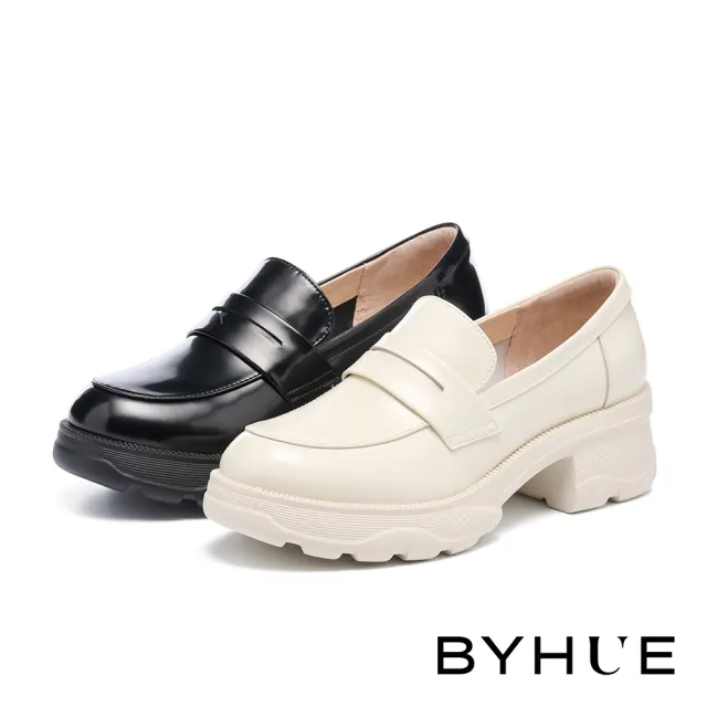 【BYHUE】簡約韓系微光感全真皮便仕圓頭軟芯樂福厚底鞋(米白)