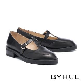 【BYHUE】簡約全真皮T字瑪莉珍軟芯微Q底厚底鞋(黑)