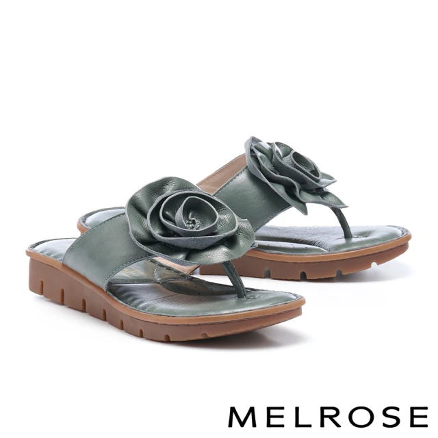 MELROSE 美樂斯 質感花朵造型全真皮夾腳厚底拖鞋(藍)