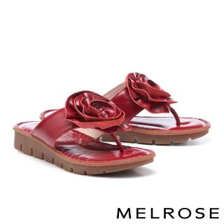 【MELROSE】美樂斯 質感花朵造型全真皮夾腳厚底拖鞋(紅)