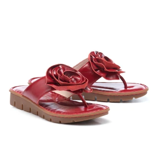 【MELROSE】美樂斯 質感花朵造型全真皮夾腳厚底拖鞋(紅)