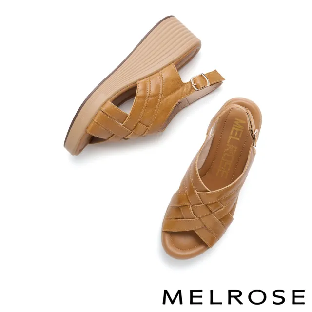 【MELROSE】美樂斯 夏日輕旅 質感編織交錯造型牛皮厚底涼鞋(棕)