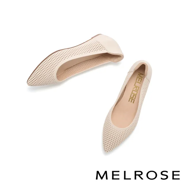 【MELROSE】美樂斯 氣質編織鏤空羊皮尖頭楔型低跟鞋(白)