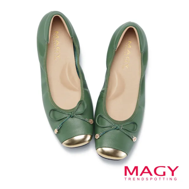 【MAGY】真皮蝴蝶結金屬鞋頭平底鞋(綠色)