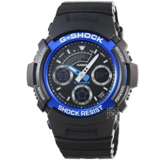 【CASIO 卡西歐】卡西歐G-SHOCK 雙顯鬧鈴電子錶-黑藍(AW-591-2A)