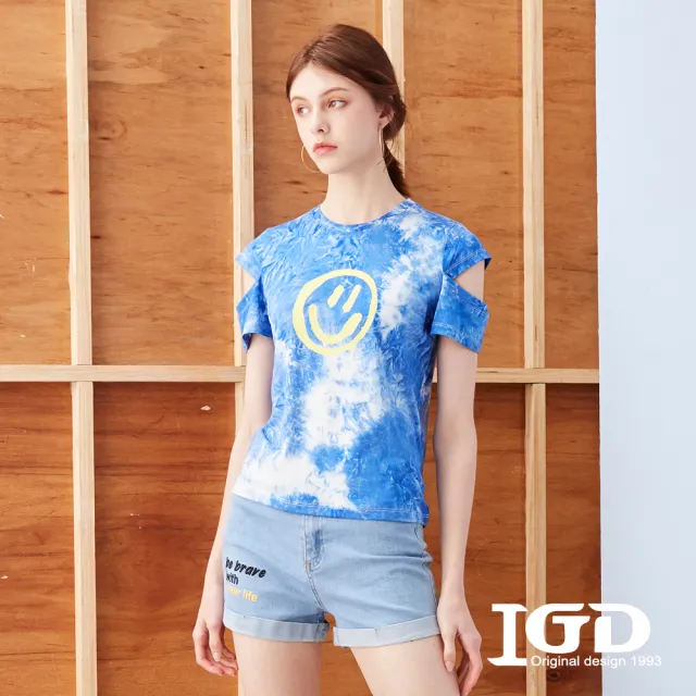 【IGD 英格麗】速達-網路獨賣款-SMILE微笑印圖渲染T恤造型上衣(藍色)