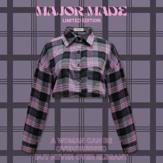 【MAJOR MADE】復古撞色短版格紋襯衫(長袖上衣/短版襯衫/復古格紋)