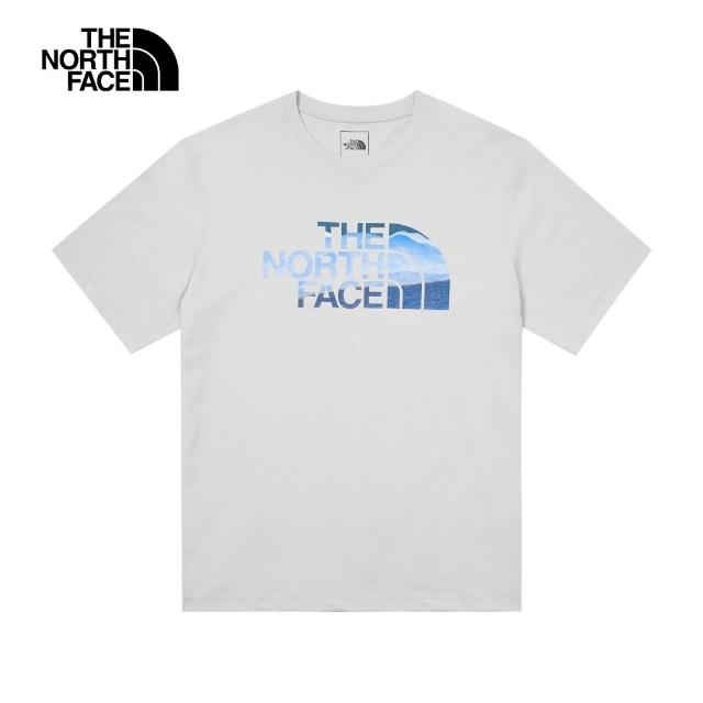 【The North Face 官方旗艦】北面男款灰色純棉品牌風景LOGO寬鬆短袖T恤｜88GMA0M(上衣/LOGO)