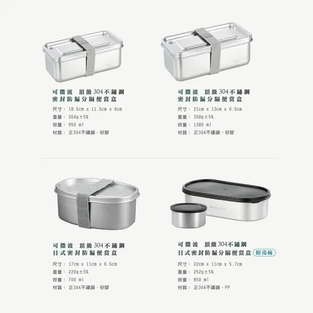 【MASIONS 美心】可微波 頂級304不鏽鋼 日式密封防漏分隔便當盒附湯碗(850ml)