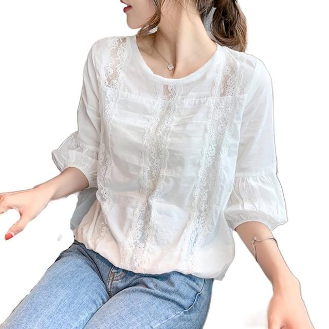 【CHACO】/預購/女 春夏甜美蕾絲七分燈籠袖小個子白色上衣#982 偏小版(蕾絲 白色上衣 娃娃衫 小個子)