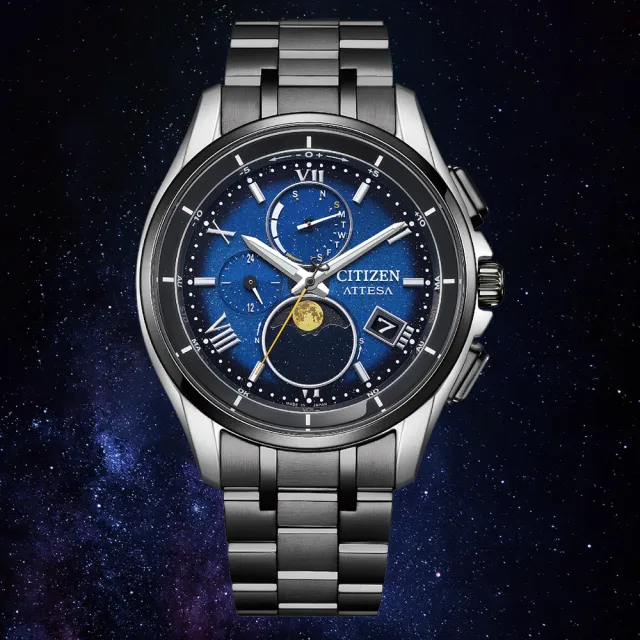 【CITIZEN 星辰】GENTS 夜川月限定款月像顯示電波光動能鈦金屬男錶-藍x黑/41.5mm 母親節限定(BY1007-60L)