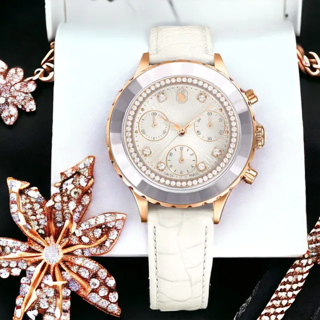 【SWAROVSKI 施華洛世奇】計時 皮帶 石英 腕錶(白-5671150/灰-5671153/綠-5672931)