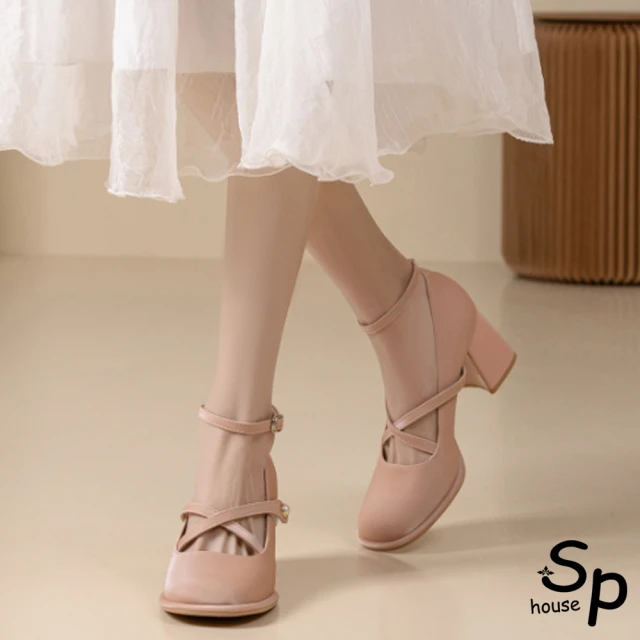 Sp house 方型金屬幾何綢緞都會時尚粗低跟鞋(2色可選