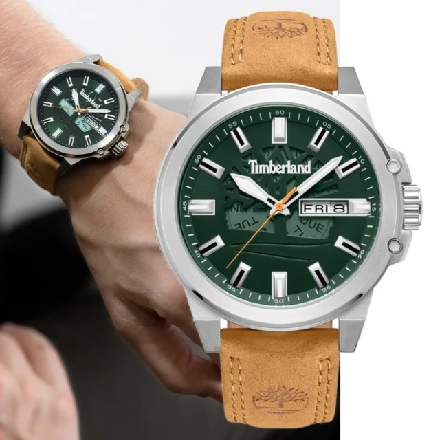 Timberland 天柏嵐 CANFIELD系列 DAY-DATE多功能腕錶 皮帶-綠/棕色46mm(TDWGB0040802)