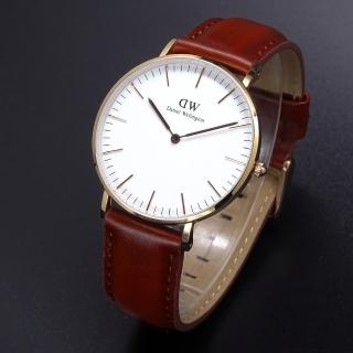 【Daniel Wellington】Daniel Wellington皮革風格時尚腕錶淺咖啡+玫瑰金-36mm-DW00100035