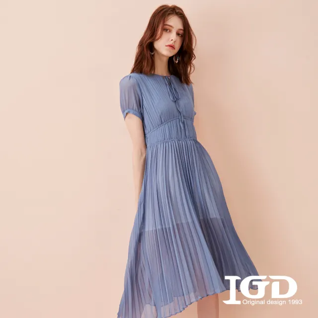 【IGD 英格麗】速達-網路獨賣款-小方格雪紡綁帶收腰百褶洋裝(藍色)