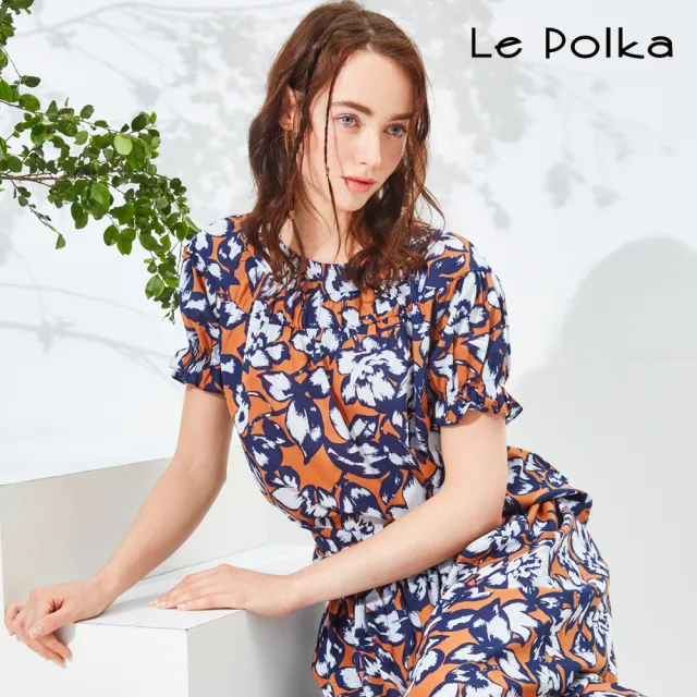 【Le Polka】復古橘藍撞色印花上衣-女