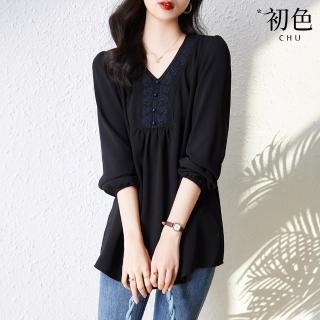 【初色】雪紡刺繡V領長袖寬鬆中大尺碼T恤上衣女上衣-黑色-32817(L-2XL可選)