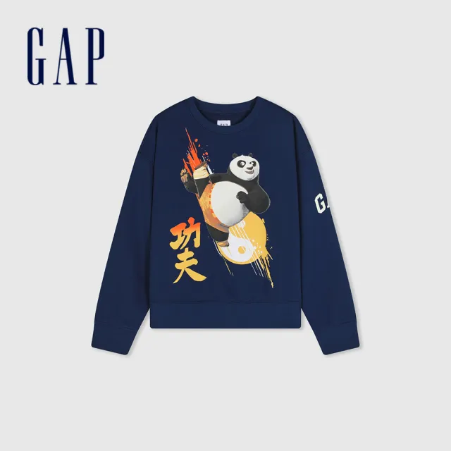 【GAP】男童裝 Gap x 功夫熊貓聯名 Logo印花圓領大學T-藏藍色(890571)