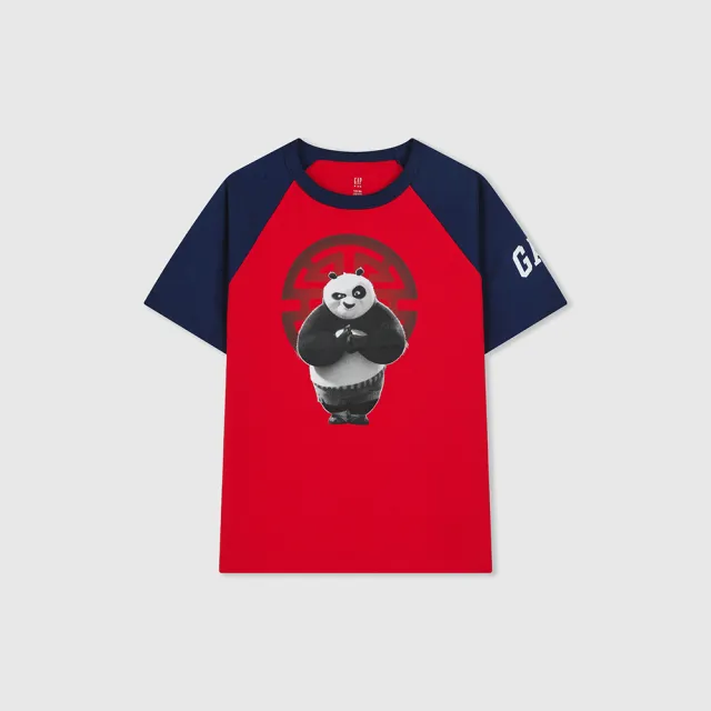【GAP】男童裝 Gap x 功夫熊貓聯名 Logo純棉印花圓領短袖T恤-紅藍撞色(890576)
