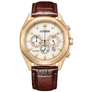 【CITIZEN 星辰】Chronograph 八角鬥士光動能競速計時男錶-米x咖啡/41mm 母親節限定(CA4593-15A)