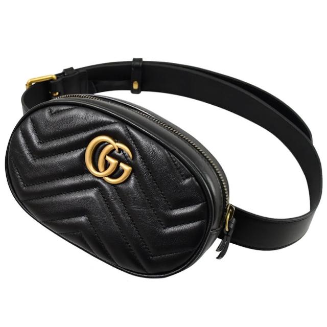 【GUCCI 古馳】GG Marmont 經典山字絎縫紋小牛皮迷你三用後背包胸口包腰包(黑)