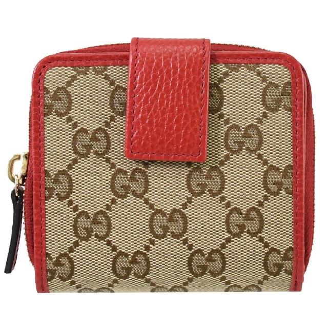 【GUCCI 古馳】經典雙G緹花布雙面扣式零錢短夾(駝/紅)