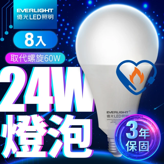 Everlight 億光 8入組 24W LED超節能Plus球泡燈 BSMI 節能標章(白光/黃光)