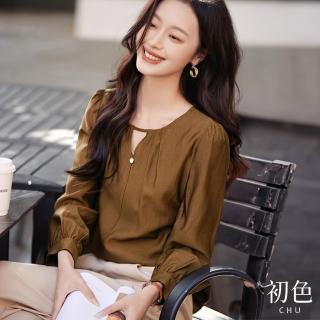 【初色】圓領鏤空亮片壓褶長袖襯衫T恤上衣女上衣-棕色-32757(M-2XL可選)