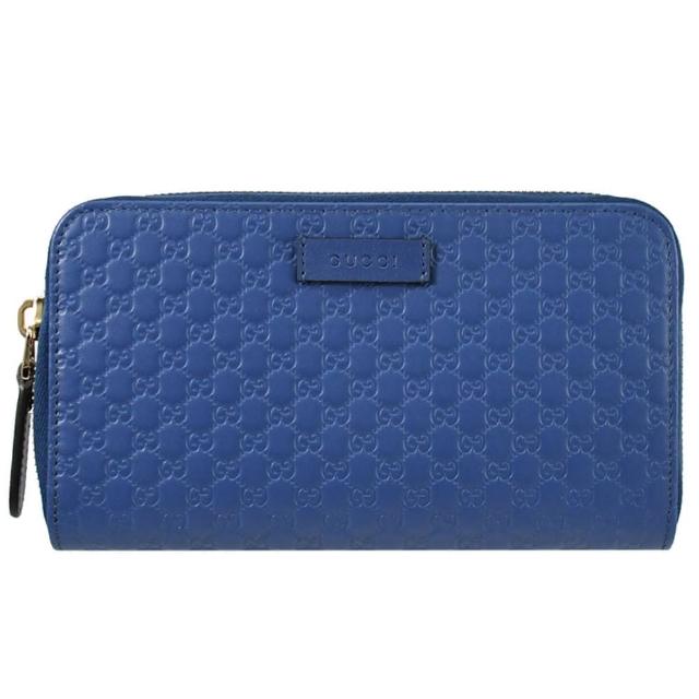 GUCCI 古馳 經典雙G LOGO小牛皮壓紋拉鍊發財零錢長夾 寶藍