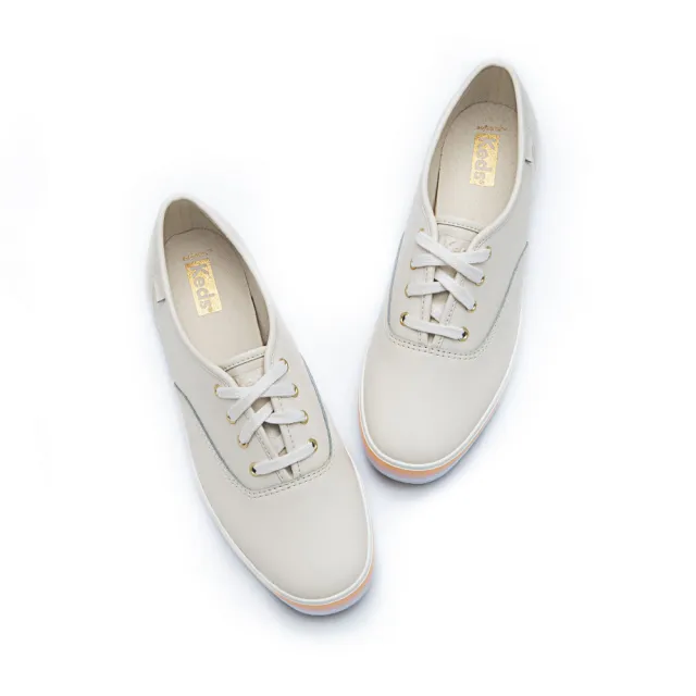 【Keds】CHAMPION 百搭條紋真皮休閒鞋-米白(9241W110105)