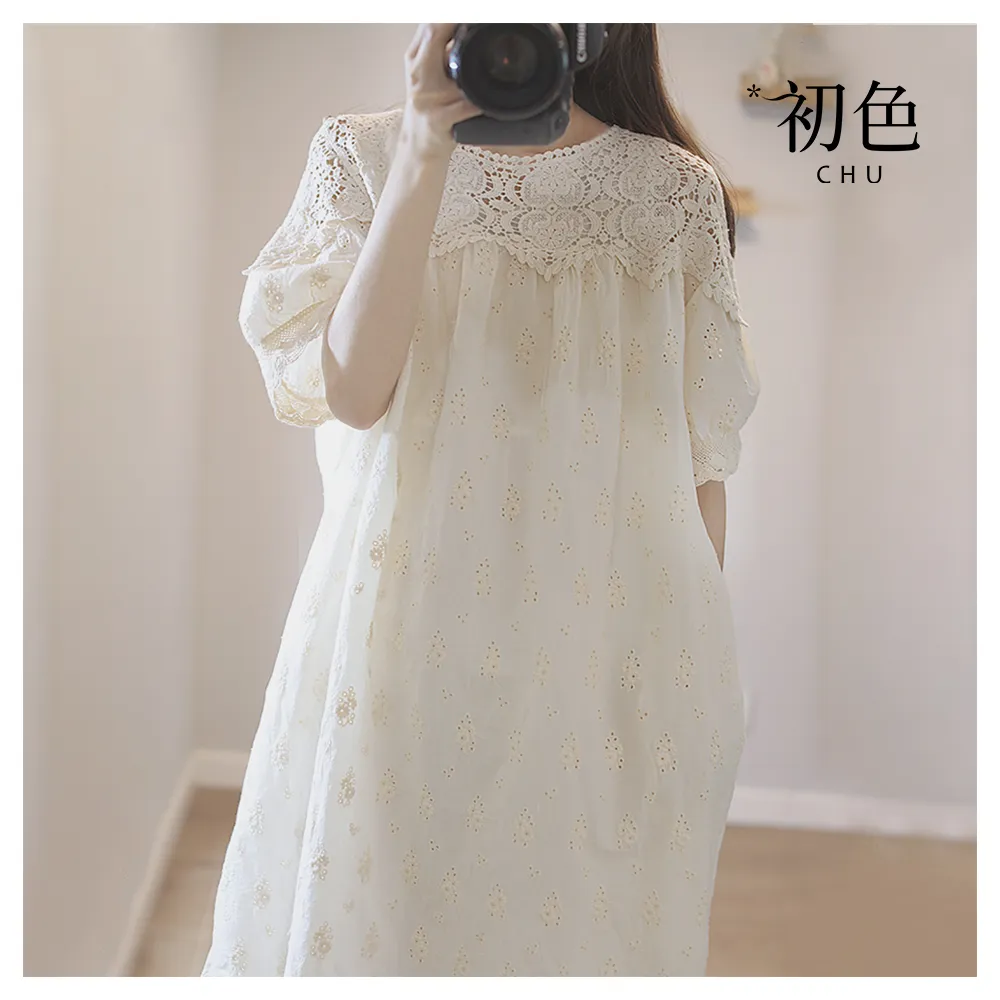 【初色】日系圓領蕾絲花邊刺繡短袖連身洋裝-米白色-32884(M-2XL可選)