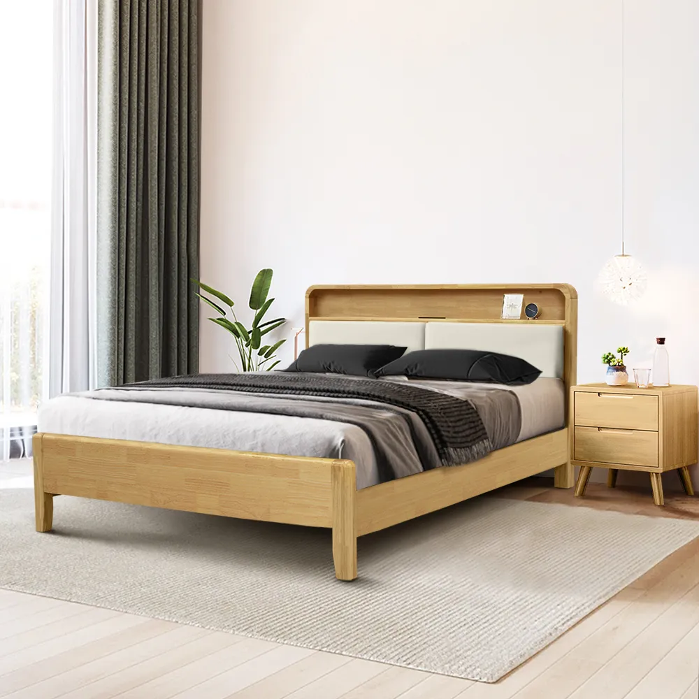 【IHouse】日式實木 燈光床組 雙人5尺(可調式床台+床頭櫃)
