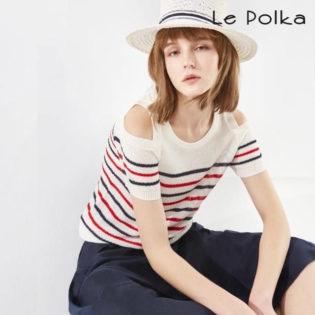 【Le Polka】肩部挖空條紋針織上衣-女