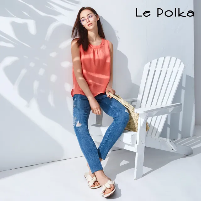 【Le Polka】花卉刺繡合版牛仔長褲-女(丹寧)
