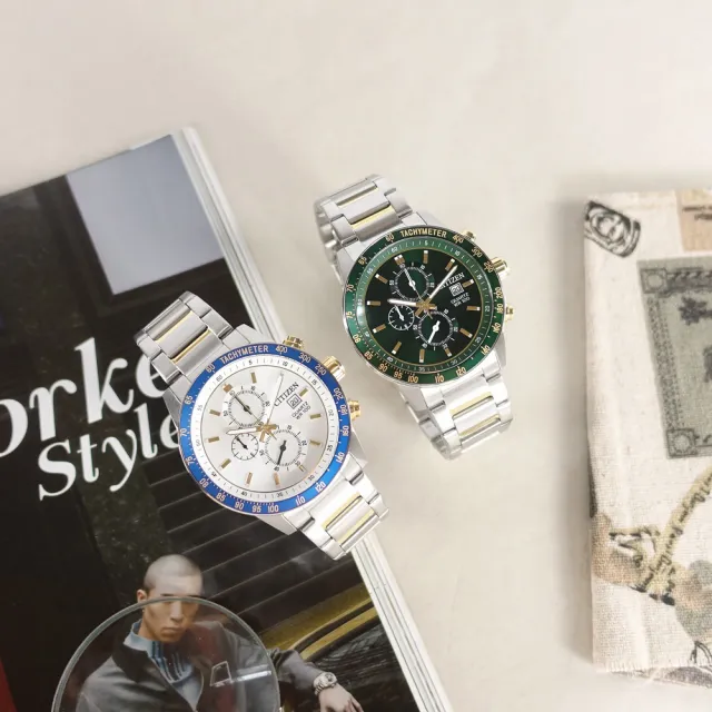 【CITIZEN 星辰】經典三眼 計時碼錶 日期 日本機芯 防水100米 不鏽鋼手錶 綠x鍍金 44mm(AN3689-55X)