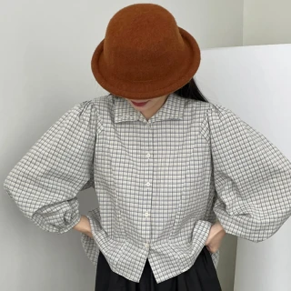 【UniStyle】格紋七分袖襯衫 韓版復古燈籠袖設計感 女 WT2365(藍格)