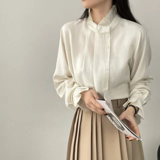 【UniStyle】立領長袖襯衫 韓版純色木耳邊設計感 女 WT5579(米白)