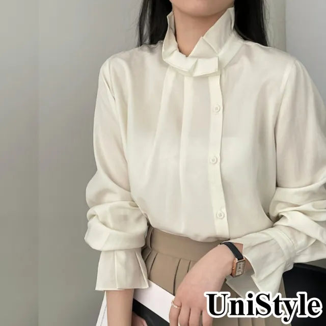 【UniStyle】立領長袖襯衫 韓版純色木耳邊設計感 女 WT5579(米白)