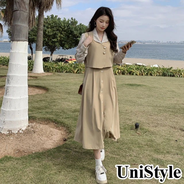 UniStyle 2件套異國風背心壓褶長袖洋裝 女 ZM29