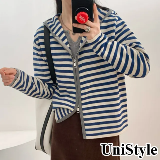 【UniStyle】連帽長袖針織外套 韓版雙頭拉鏈條紋休閒百搭小外套 女 UP99020(藍條)