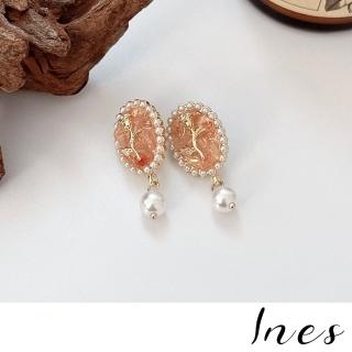 【INES】韓國設計S925銀針優雅粉晶寶石浪漫珍珠耳環(S925銀針耳環 寶石耳環 珍珠耳環)